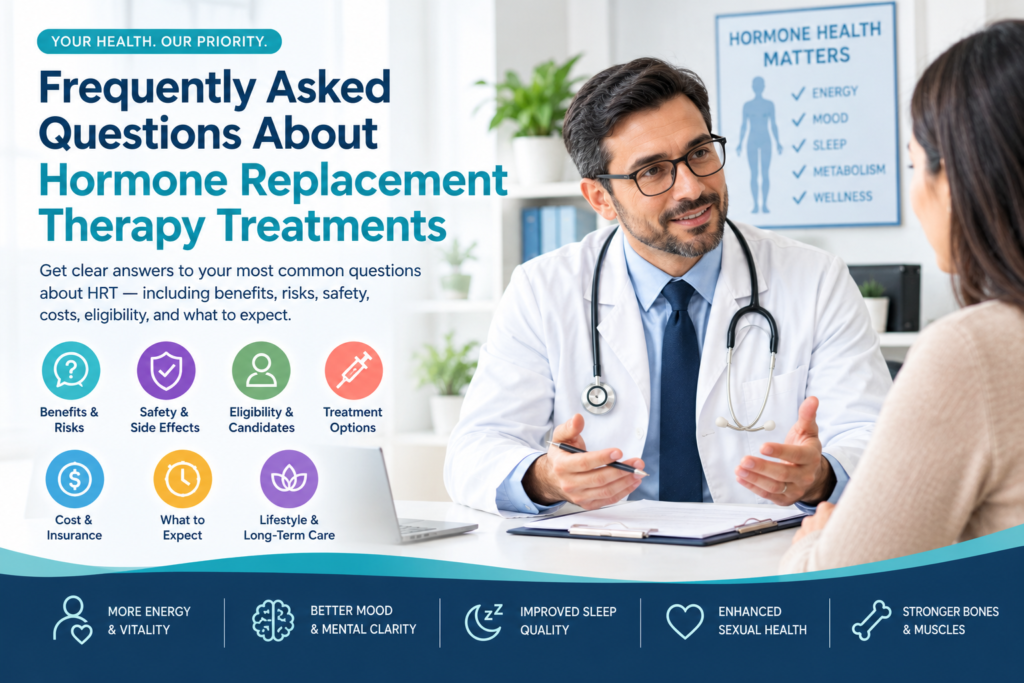 Find answers to the most frequently asked questions about hormone replacement therapy treatments, including benefits, risks, safety, costs, eligibility, and treatment options.